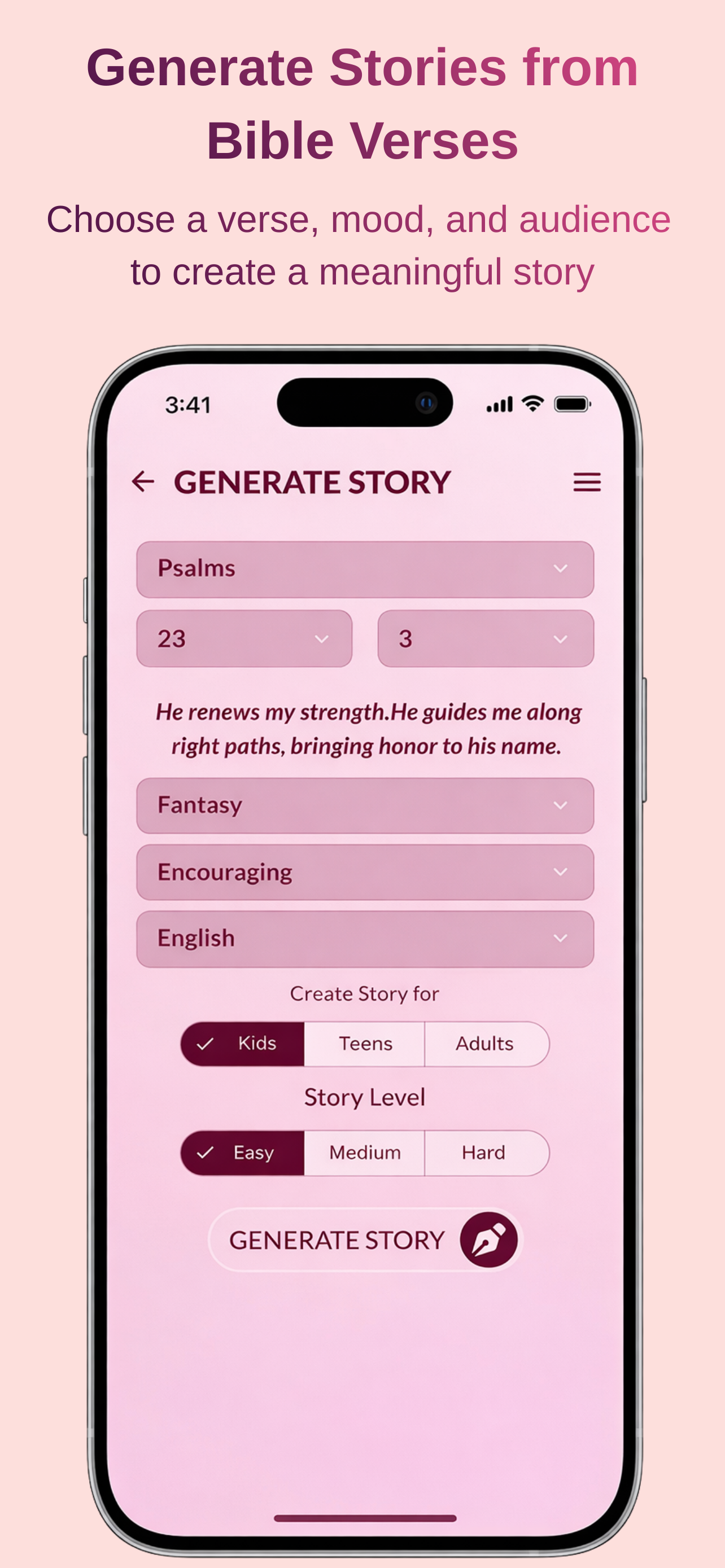 Generate story screen in the 1 Verse 1 Story app